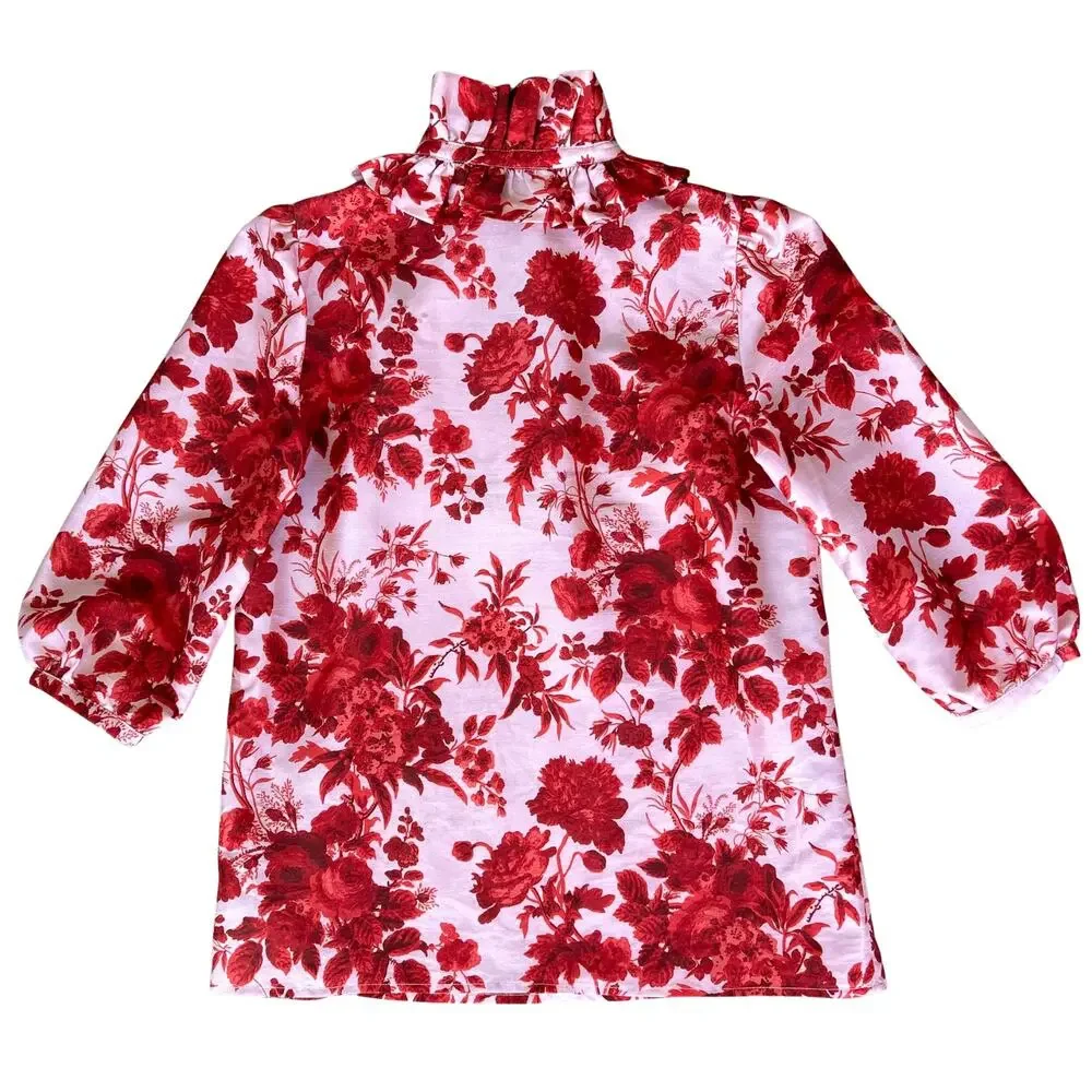 Tuckernuck Zinnia‎ Bloom Bouvier Blouse | Size XXS | Red Floral Ruffle Neck